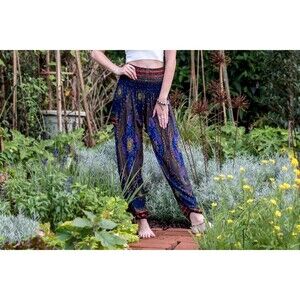 Colorful Peacock Eye Boho Hippie Yogi Harem Pants Smocked Waist Pull On Granola